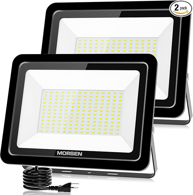 MORSEN 200W Flood Light Outdoor Plug in - 20000LM 5000K LED Flood Light, IP66 Waterproof, UL Listed Daylight Security Lights for Garden, Yard, Garage, Stadium, 2 Pack