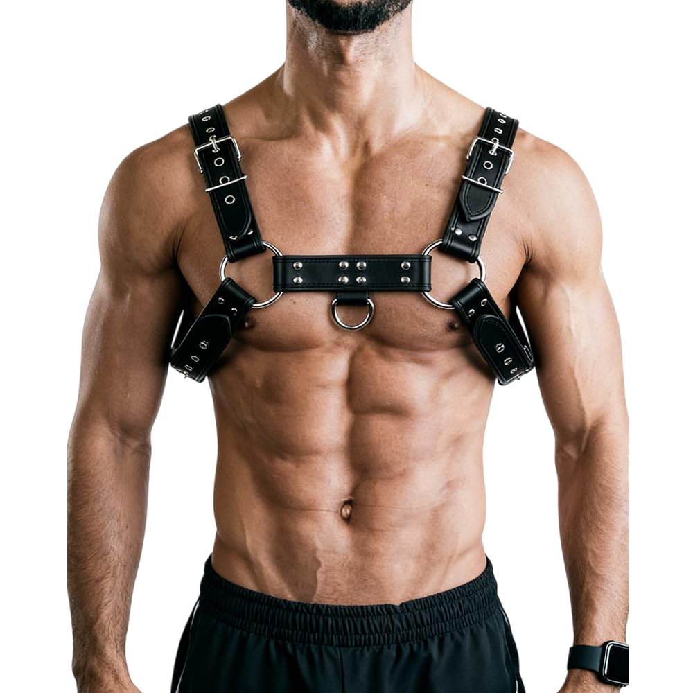Men's Adjustable PU Leather Chest Harness, Gothic Punk Body Harness with Metal Buckles for Rave Festival Clubwear Cosplay Black