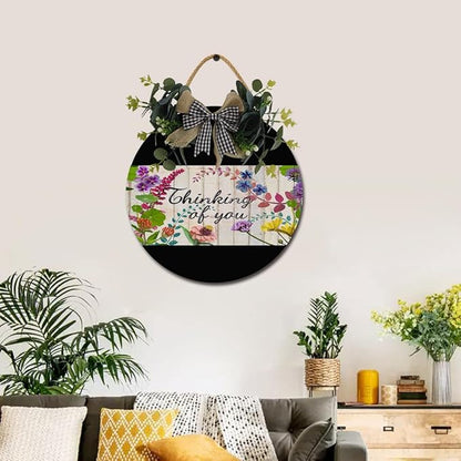 Garden Thinking Of You Front Door Sign Funny Wreaths Hanging Wooden Plaque Decoration Round Rustic Wood Farmhouse Porch Decor for Home Front Door Decor, 11 x 11 Inch