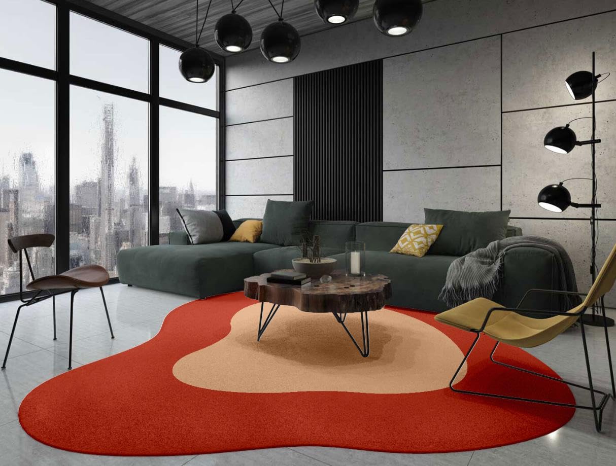Irregular Shaped Area Rug Red Beige Modern Abstract 6ft Washable Rug for Dining Room Bedroom Living Room Faux Wool Aesthetic Carpet Ultra Soft Kitchen Non Slip Runner Rugs