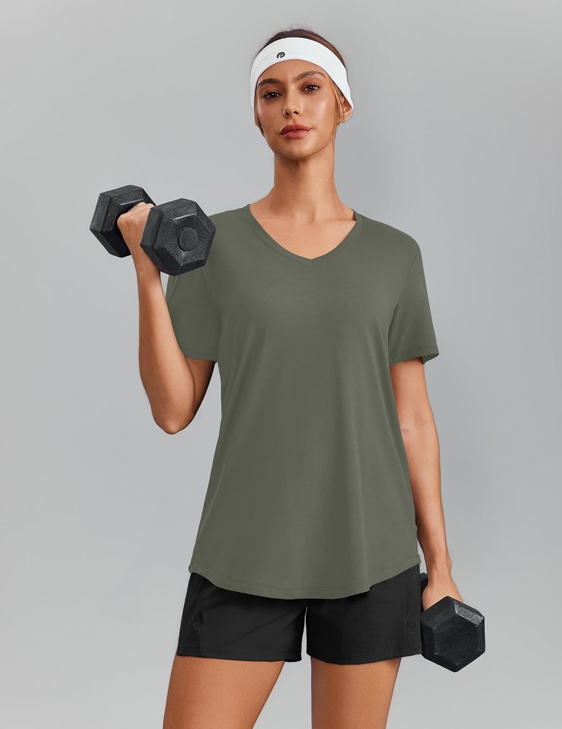 PINSPARK Breathable T-Shirts for Women Short Sleeve V Neck Moisture Wicking Workout Tops Quick Dry Lightweight Athletic Gym Shirts,Olive Green X-Large