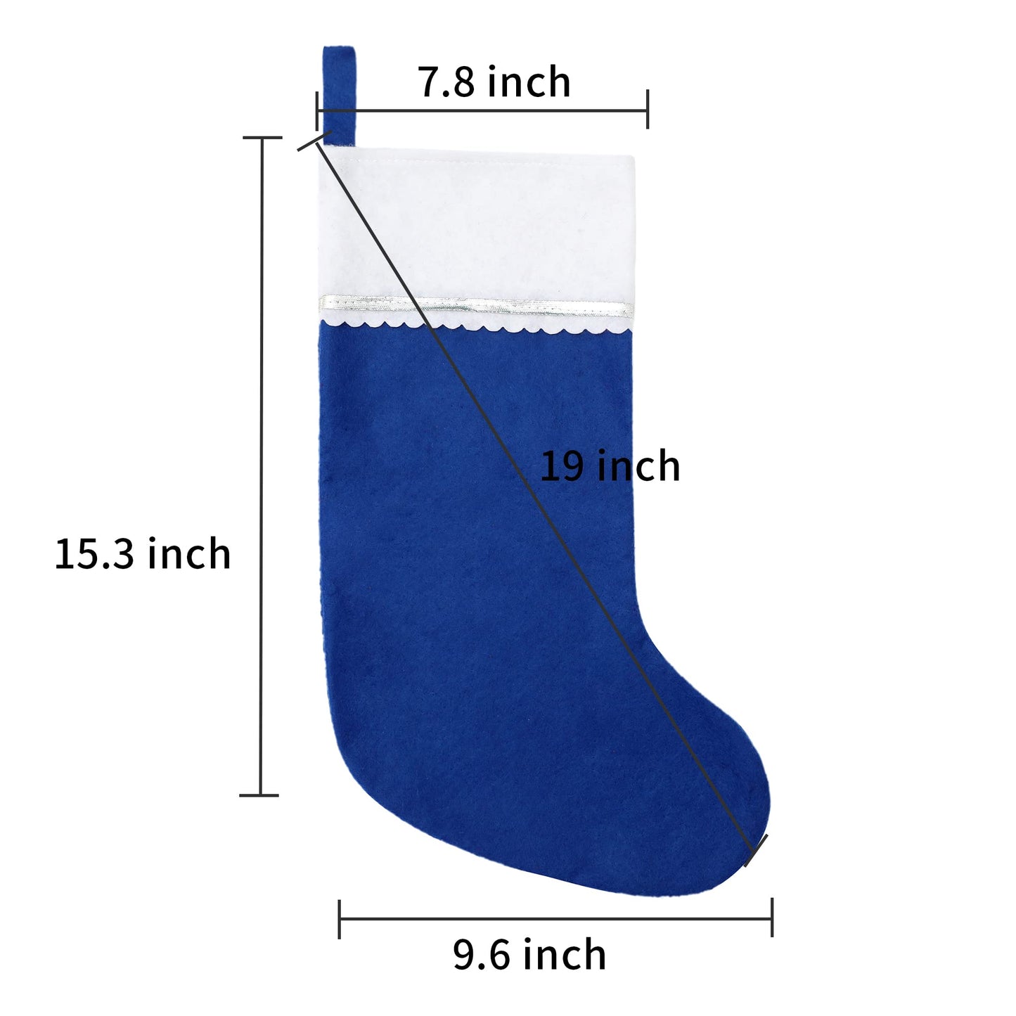 Tokforty 12 Pack Felt Christmas Stockings, 19 Inches Blue and White Christmas Stockings Hanging Ornaments, White Cuff with Silver Trim Christmas Stockings for Family Christmas Holiday Decorations