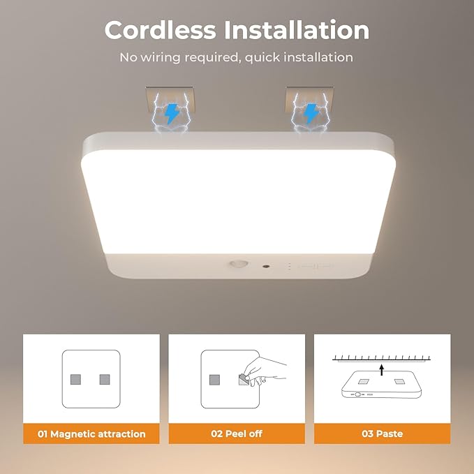 FULEN Motion Sensor Ceiling Light Fixture, Cordless Closet Light Battery Operated, Rechargeable Magnetic Mount LED Shower Light for Bathroom,Stairs,Garage,Hallway, Color Change, 2 Pack
