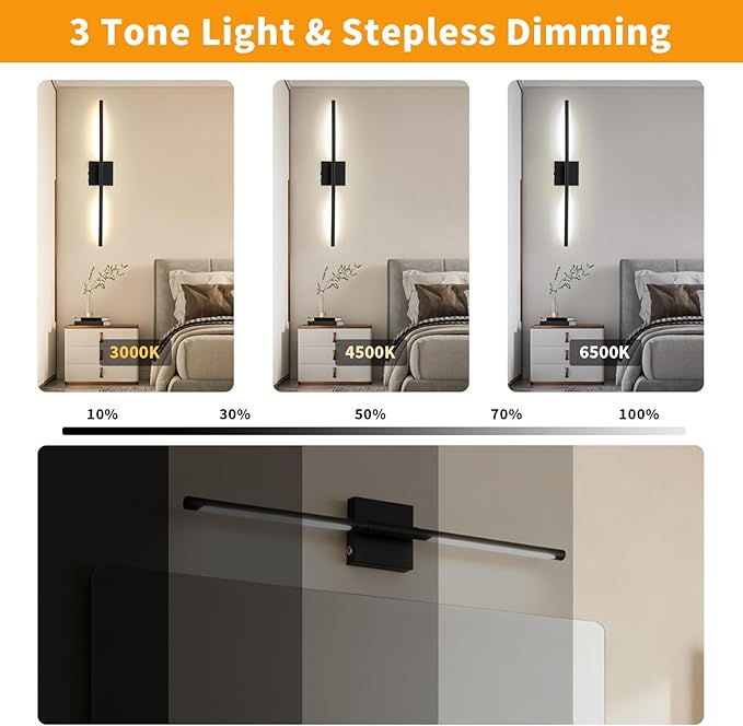 Battery Operated Wall Sconces Set of 2,Dimmable Wall Sconce with Remote Control,Modern Black LED Rechargeable Wall Sconces Lights,27 Inch Wireless Lamp for Living Room,Bedroom,Bathroom