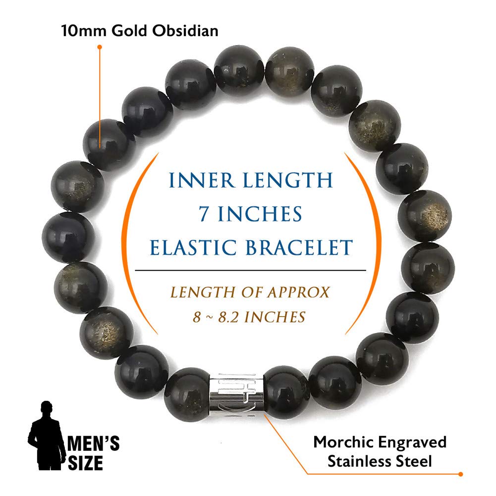 Morchic Gold Obsidian Stone Stretch Bracelet for Womens Mens, Genuine Semi Precious Gemstone 10mm Beads Classic Style Birthday Gift 8 Inches