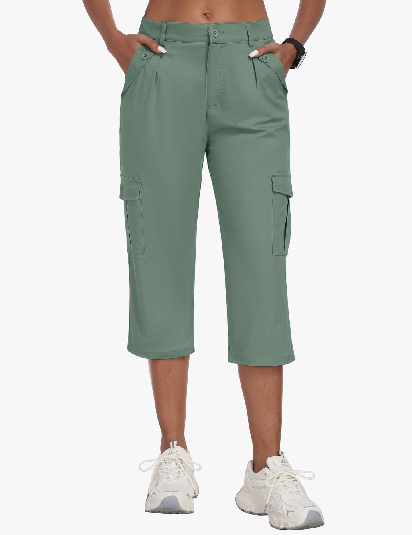 MoFiz Women's Cargo Capris Hiking Pants Summer Outdoor Travel Casual Capri Pants for Women with 6 Pockets Grey Green XL