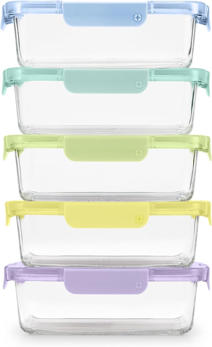 Ello Color Lock Glass Meal Prep Sets Leak-Proof Glass Food Storage Containers with Airtight BPA-Free Plastic Lids, Dishwasher, Microwave, and Freezer Safe