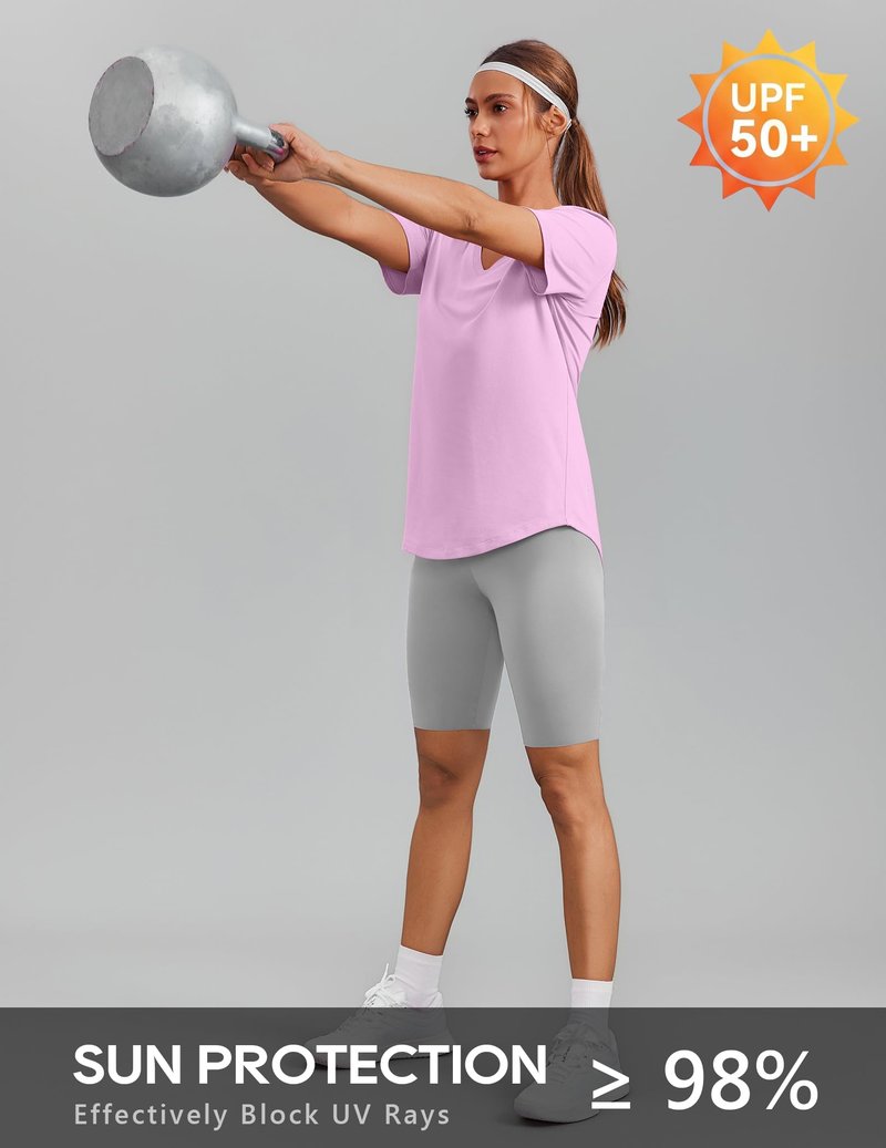 PINSPARK UPF 50 Sun Protection Shirts for Women Short Sleeve V Neck Hiking Tops Moisture Wicking UV Outdoor T-Shirts Quick Dry,Light Pink Large