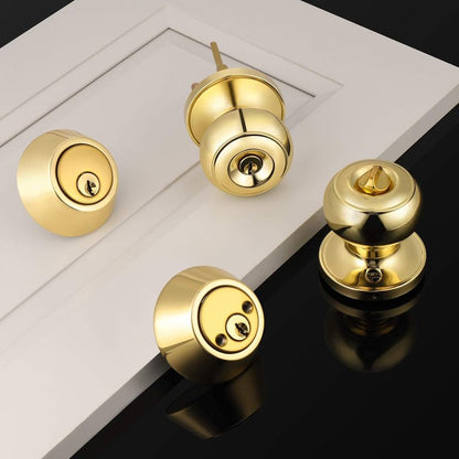 Brotima 1 Pack Polished Brass Round Style Entry Door Knobs and Deadbolt Combination Set, Keyed Alike Double Cylinder Deadbolt Door Lock Set