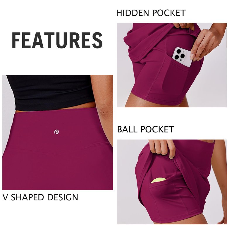 PINSPARK Women Tennis Skirts High Waisted Athletic Skorts Quick Dry Golf Skirt Lightweight Workout Skort with Pockets Shorts, Berry Red XXL