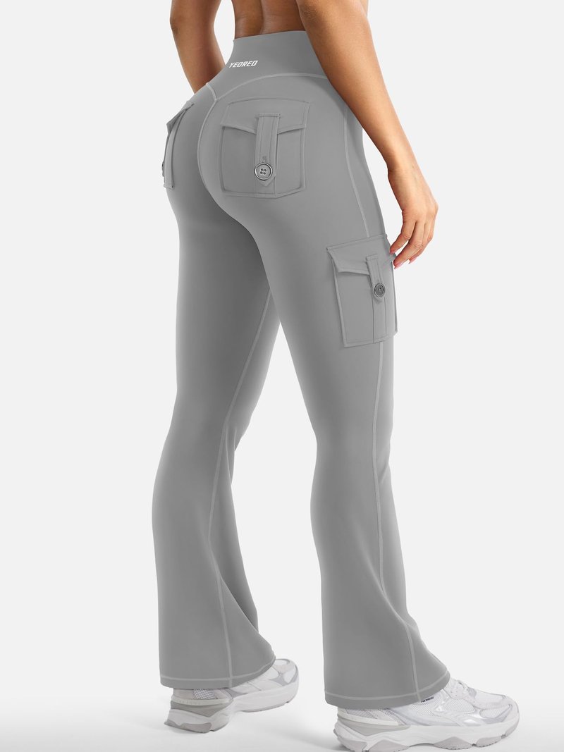 YEOREO CoreFlex Women Workout Flare Leggings with Pockets Scrunch Cargo Gym Yoga Leggings Light Gray XS