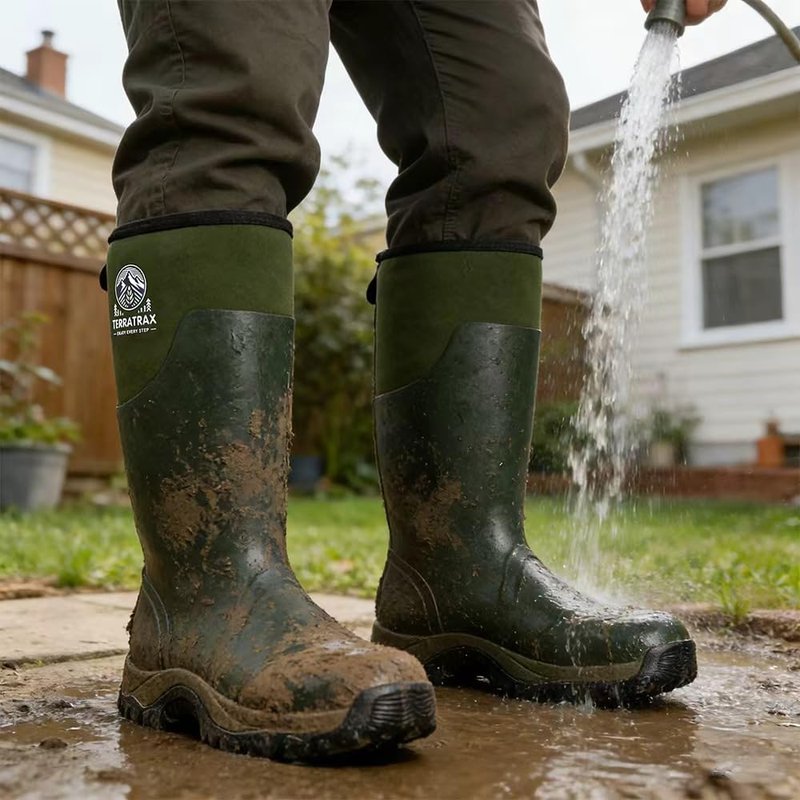 TerraTrax Men's Waterproof Insulated Rubber Hunting Boots – 6mm Neoprene Rain Boots for Outdoor Work, Fishing, Farming & Gardening Green Size 12