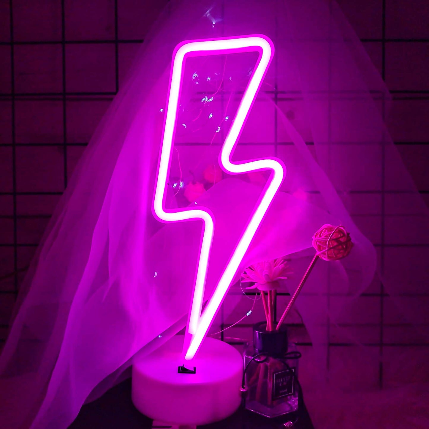 VIFULIN Pink Lightning Bolt Neon Sign, Aesthetic Room Decor for Bedroom, Battery/USB Operated LED Light with Base