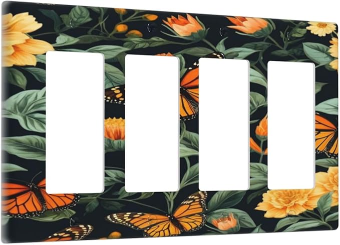 Butterflies Flower Garden Light Switch Cover 4 Gang Rocker Decora Outlet Covers Wall Plate Decorative Switchplate Electrical Faceplate GFCI for Farmhouse Living Bedroom Decor