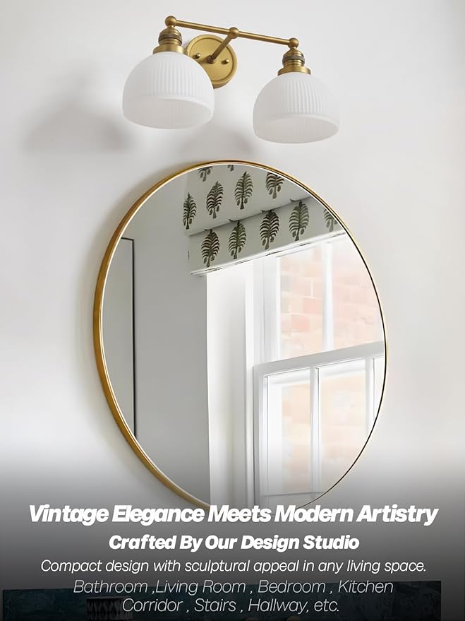 2-Light Gold Wall Sconces,Vintage Bathroom Wall Sconce Light with Milk Glass Double Arm Brass Bathroom Vanity Light for Living Room Bedroom Kitchen E26 Hardwire Indoor