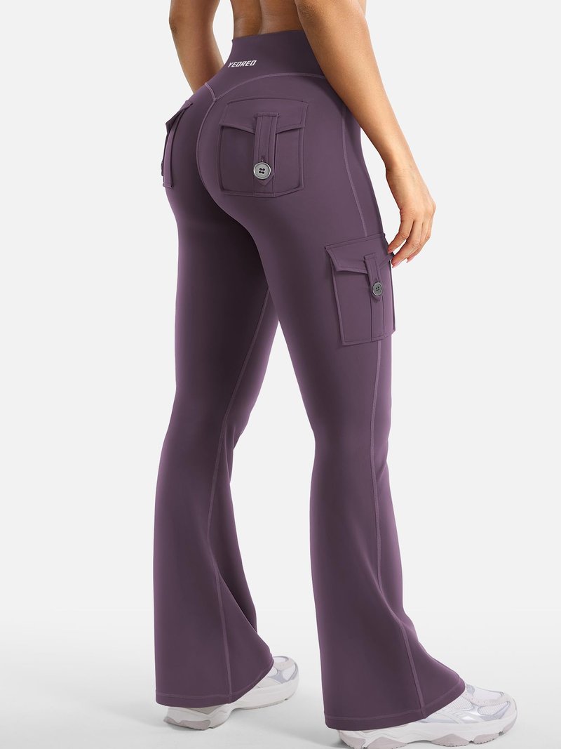 YEOREO CoreFlex Women Workout Flare Leggings with Pockets Hidden Scrunch High Waisted Cargo Gym Yoga No Front Seam Leggings Black Berry Purple S
