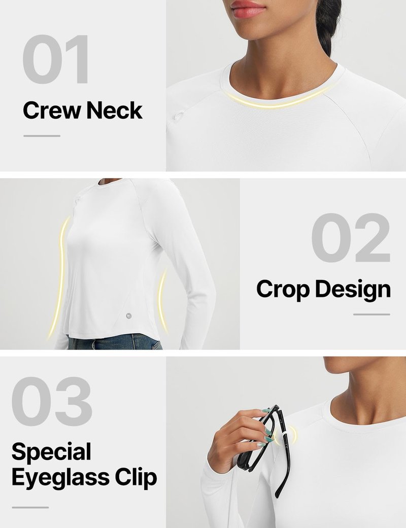 baleaf Women's UPF 50+ Long Sleeve Sun Shirts Crop Rash Guard UV Workout Tops SPF Slim Fit Lightweight Athletic Hiking White XS