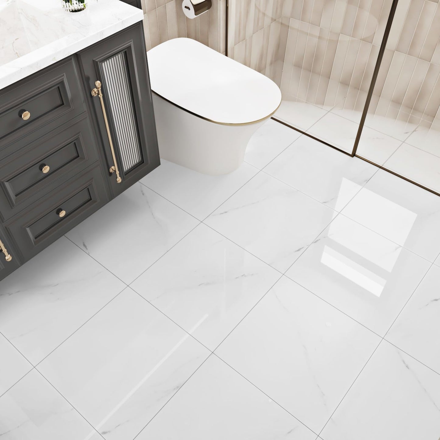 WESTICK 20 PCS Peel and Stick Floor Tile Bathroom Waterproof White Marble Vinyl Flooring Adhesive Vinyl Tiles Peel and Stick Floor Self Stick on Floor Tiles for Bedroom Kitchen Camper 12" x 12"
