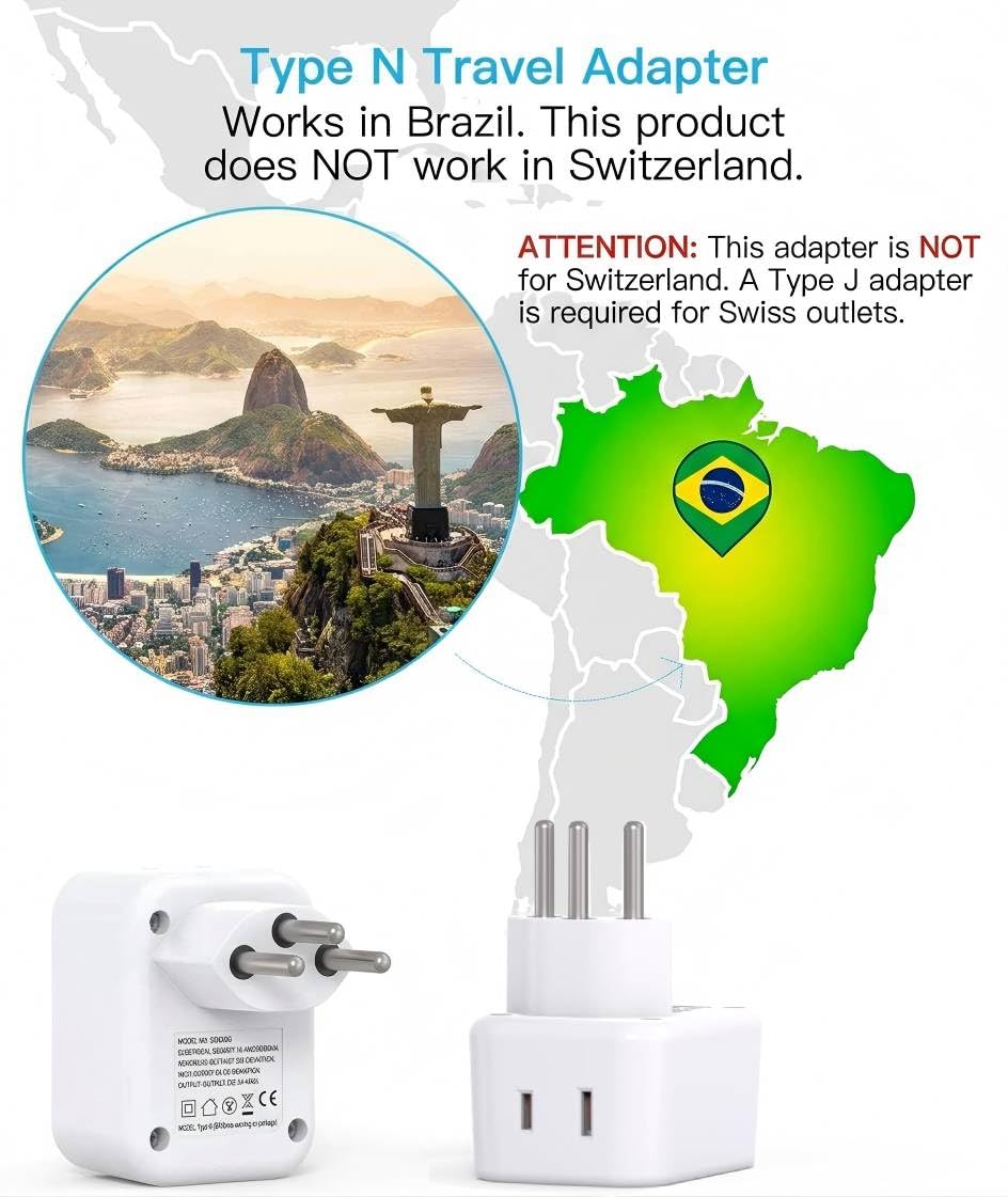 HANYCONY Brazil Power Adapter, Type N Plug Adapter with 2 Outlets 3 USB Ports (2 USB C), Travel Adapter for US to Brazil Brazilian Brasil