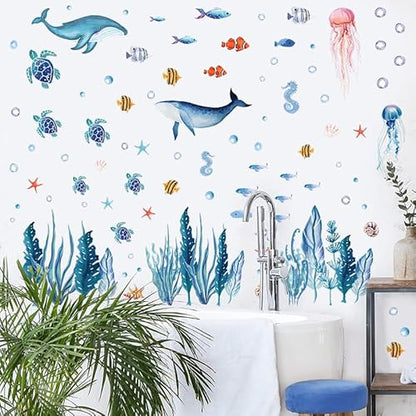 142 Pcs Ocean Wall Decals, Marine Life Peel and Stick with Turtles & Whale Shark, Non-Toxic Vinyl Stickers for Kids Room Nursery Bathroom Decor (Blue)