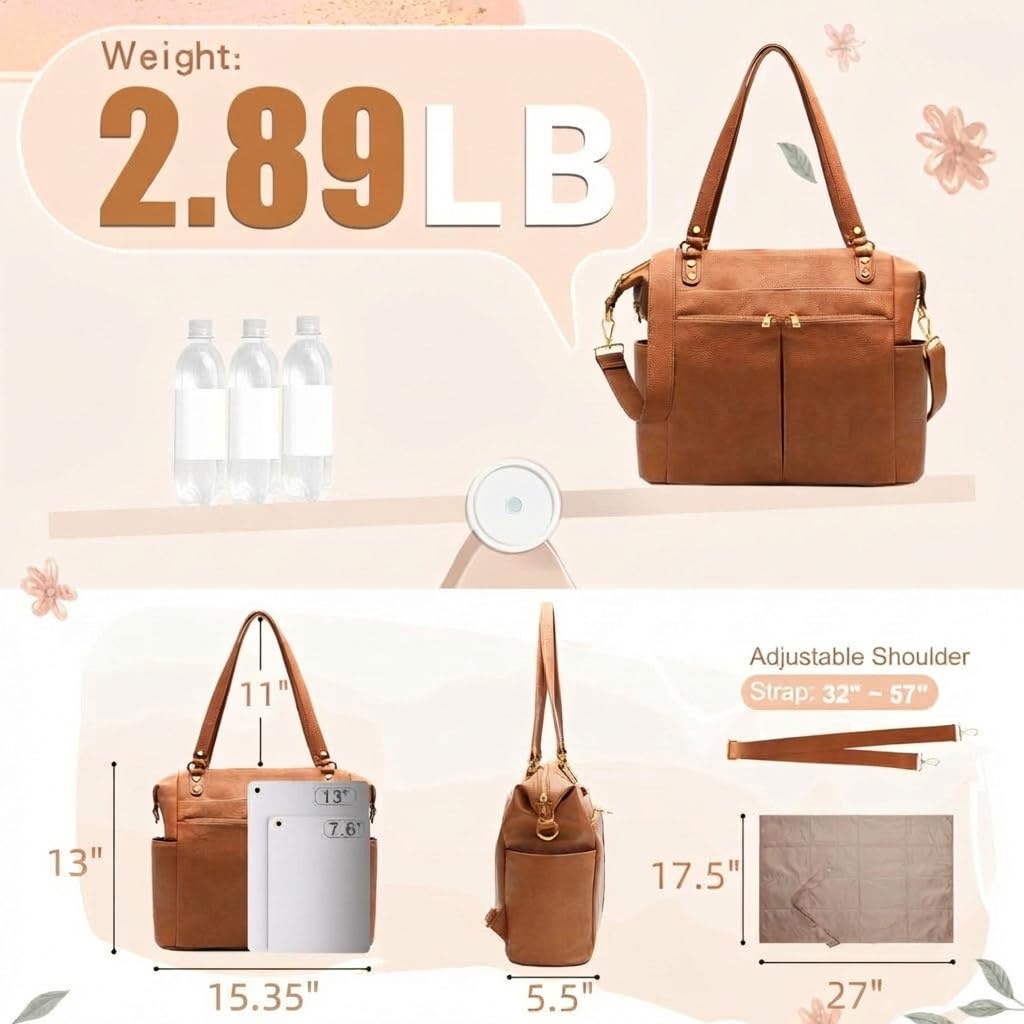 MOMINSIDE Diaper Bag Tote, 4 in 1 Leather Diaper Bag Backpack with 13 Pockets, Convertible Baby Bag for mom,Hospital bag Pañaleras Para Bebe, Changing Pad, 4 Large Insulated Pockets(Brown)