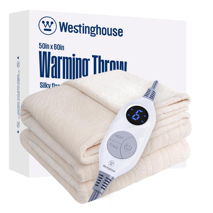 Westinghouse Heated Throw Blanket, Flower Jacquard Electric Blanket Throw with 6 Heating Levels and 2-10 Hours Auto-Off, Flannel to Sherpa Super Cozy Heated Blanket, Machine Washable (50" x 60" Beige)