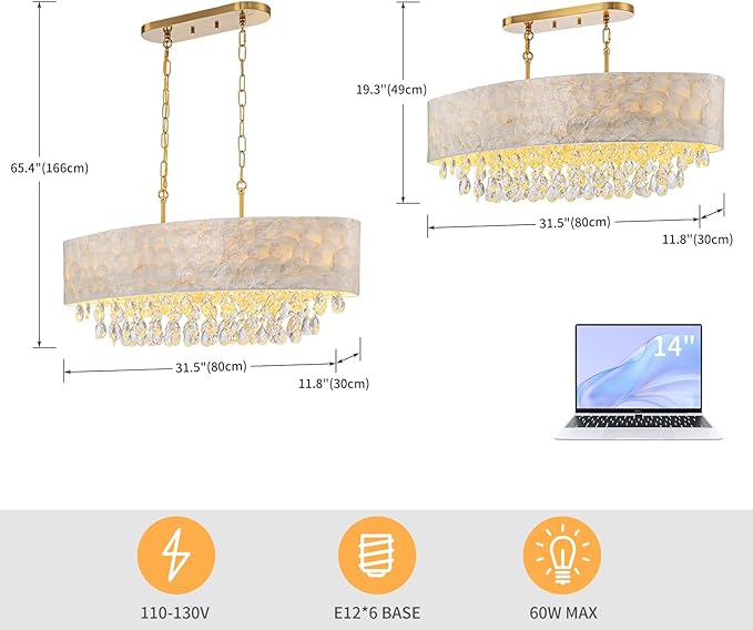 6-Lights Oval Capiz Shell Crystal Linear Chandeliers, Coastal Design Light Fixture for Dining Room, Kitchen Island, L32xW12xH19~65 Inch(Adjustable), Shell Lampshade & Brass Finish