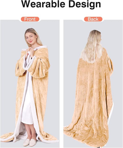 Heated Blanket with Sleeves, Wearable Electric Heated Blanket for Gifts, Electric Throw Wrap Poncho Shawl with Pockets, 6 Heating Levels & 4 Hours Time Settings, 50 x 70 Inch (Beige)