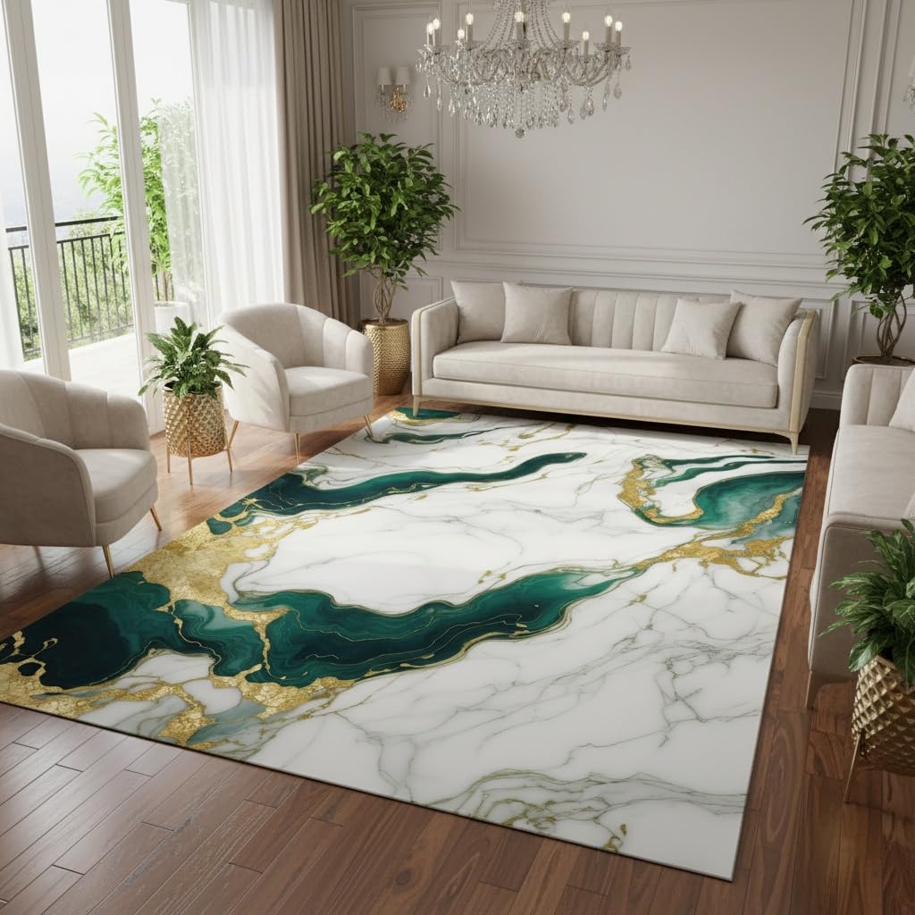 Marble Swirl Modern Abstract Emerald Green Grey Gold Area Rug for Living Room Bedroom Ultra Soft Wool Carpet Under Dining Table Lux Aesthetic Home Office Carpets 5x7