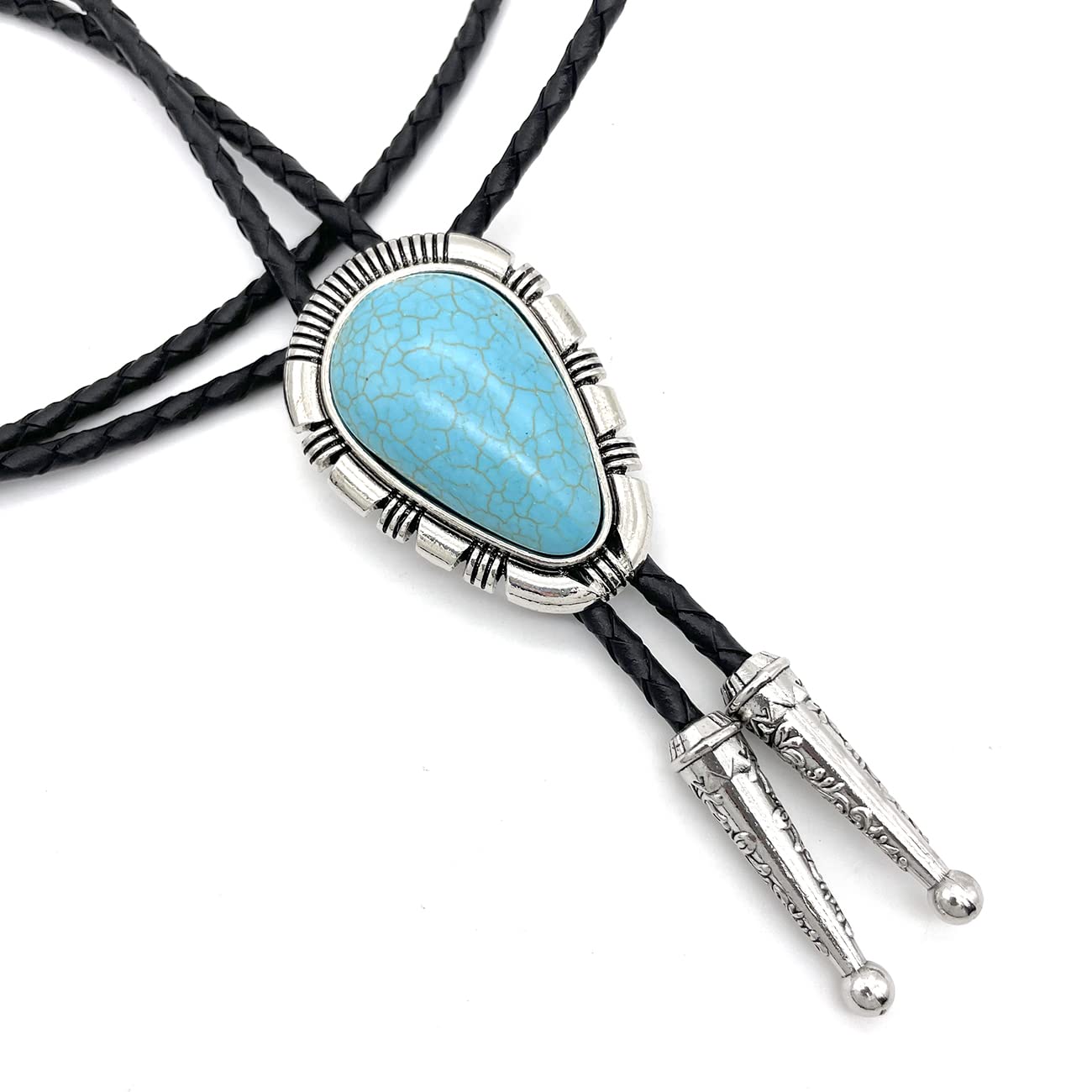 YOQUCOL Droplet Shape Blue Turquoise Stone Bolo Tie Native Western Cowboy Bola Tie Hand-woven Leather Necktie for Men Women