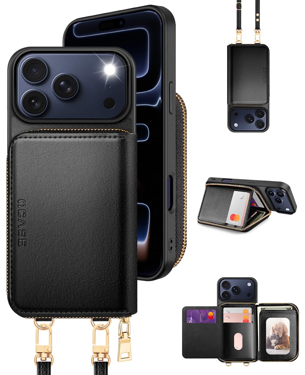 OCASE Compatible with iPhone 17 Pro Max Crossbody Wallet Case with Card Holder, PU Leather Zipper Handbag Phone Purse with RFID Blocking Kickstand Wrist Strap Lanyard 6.9 Inch, Black