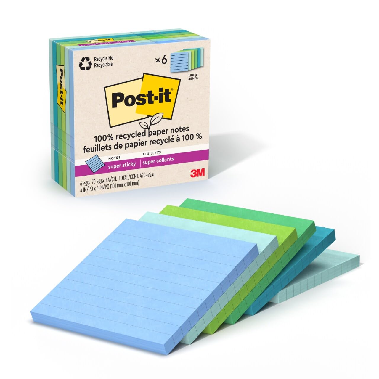Post-it 100% Recycled Paper Super Sticky Notes, Lined, 4 in. x 4 in., 6 Pads, 70 Sheets per Pad, Oasis Collection, School Supplies and Office Products
