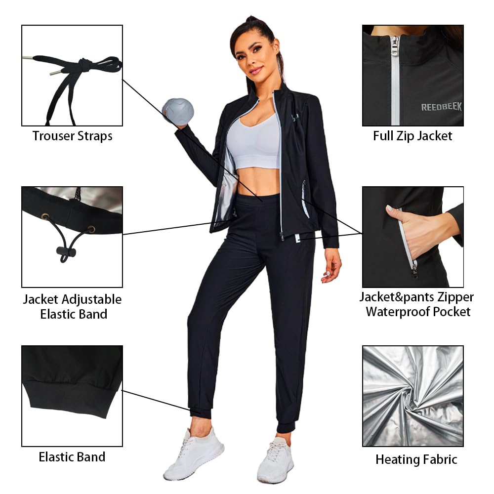 REEDBEEK Sauna Suit Weight Loss Hot Sweat Suits Sauna Pants with Pockets Gym Workout Exercise for Women