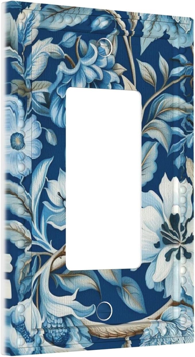 Blue Flowers Branches Leaves Floral Pattern Single Decora Outlet Wall Plate 1 Gang Rocker Decorative Switchplate Faceplate GFCI Light Switch Covers for Home Living Decor