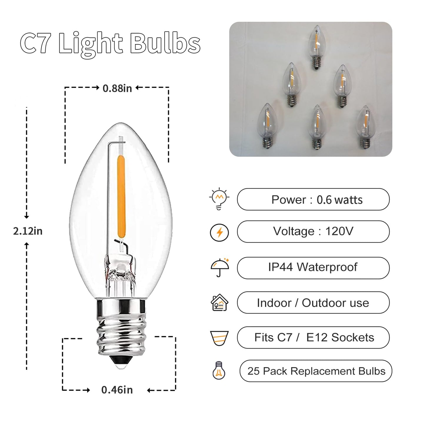 CHYParty 12 Pack C7 LED Christmas Bulbs, E12 Candelabra Base, 0.6W Warm White Dimmable Clear - Halloween Light Bulbs for Indoor/Outdoor String Lights, Patio Party Wedding Xmas Tree Replacement