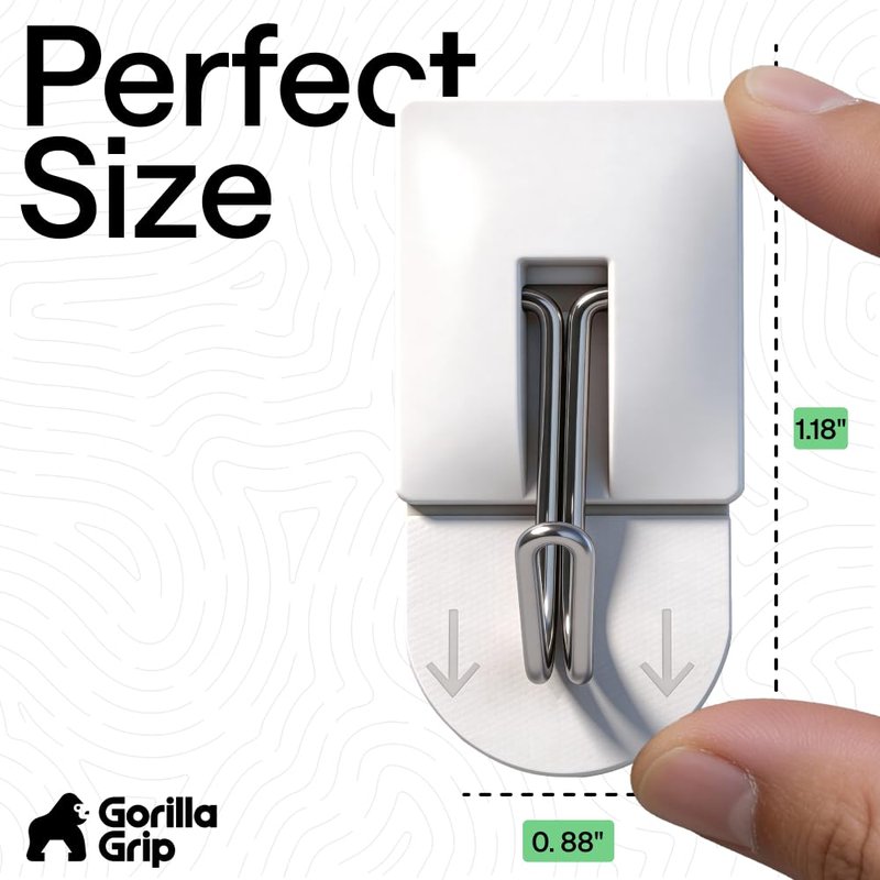 GORILLA GRIP Adhesive Hooks for Hanging, Heavy Duty Self Adhesive Wall Hooks, Damage-Free Removable Metal Hook, No Tools Required, Wall Hanger for Kitchen Bathroom Towel Coat Keys Purse, 5 Pack