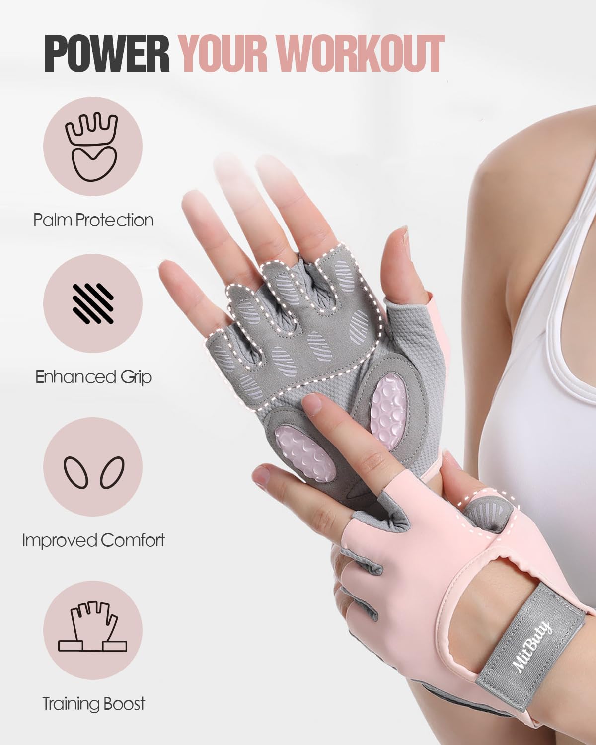 MitButy Workout Gloves for Men & Women – Fingerless Gym Gloves for Weight Lifting, Crossfit, Fitness, Exercise & Training with Silicone Grip Dots for Secure Hold & Palm Padding Protection
