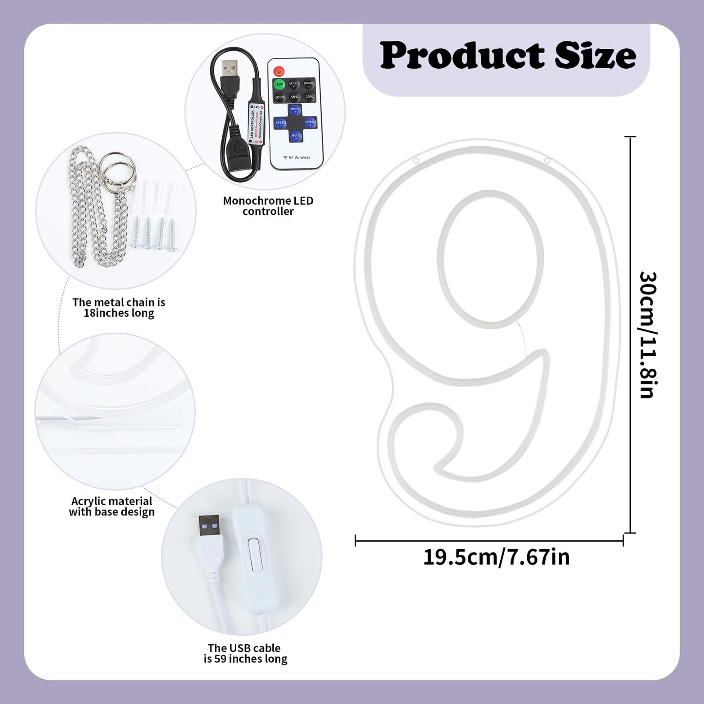 RUMONZS LED Acrylic Light up Number, Decorative Transparent Light up Letters USB Powered Big Number Sign Light for Birthday, Night Light, Party, Anniversary, Christmas, Home Decor, Wedding 11.8'' (number9)