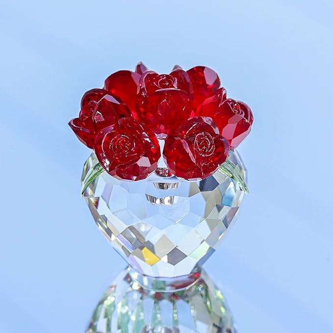 LONGWIN Crystal Rose Flower Figurines Collectible Glass Spring Bouquet with Vase Home Decor Romantic Gifts for Women Red