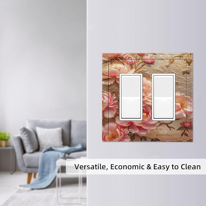 Pink Blooming Flowers Peonies Floral Dual Outlet Covers Wall Plate 2 Gang Rocker Decora Decorative Switch plate Electrical Faceplate GFCI Light Switch Covers for Farmhouse Living Decor