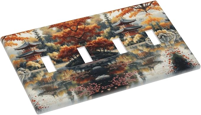 Decorative Art Light Switch Covers Lake & Pagoda in Fall Quad Toggle 4 Gang Wall Plate Switch plate Electrical Faceplate for Home Decor