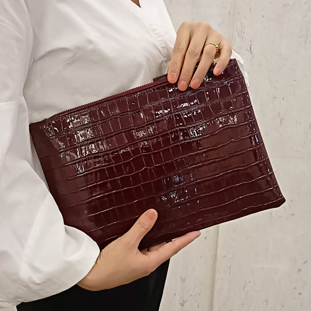 NIGEDU Women Envelope Clutch Purse Bag Fashion Crocodile Embossed PU leather Oversized Ladies Evening Party Clutches (Burgundy)
