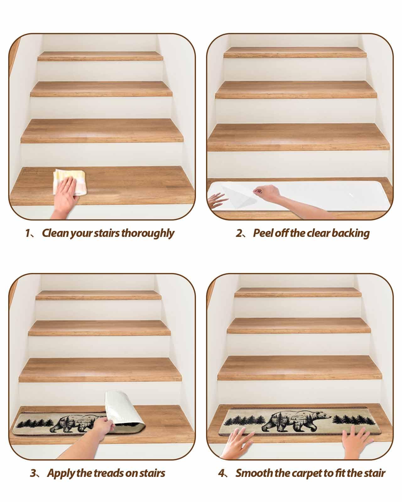 Stair Treads for Wooden Steps,Retro Pine Tree Bear Silhouette Non Slip Stair Carpet Indoor Stair Runner Staircase Step Treads,Black Animal Vintage Back Stair Mat 8x30in 4 Pcs