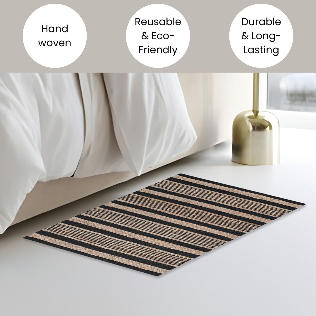 Threadvista Hand Woven Area Rug 2x3 Feet - Rustic Farmhouse Boho Accent Rug for Living Room Bedroom Kitchen Entryway Floor Mats Non Slip - Ideal for High Traffic Areas Jute Cotton Rug Natural Black