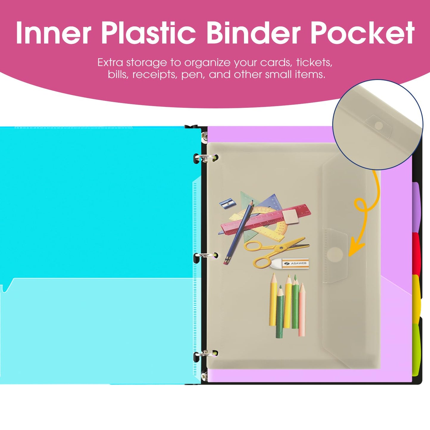INFUN 1 Inch 3-Ring Telescoping Project Organizer Binder, 13 Pocket, Customizable Front Cover, 5 Color Dividers, Plastic Pocket, 225 Sheet Capacity-White
