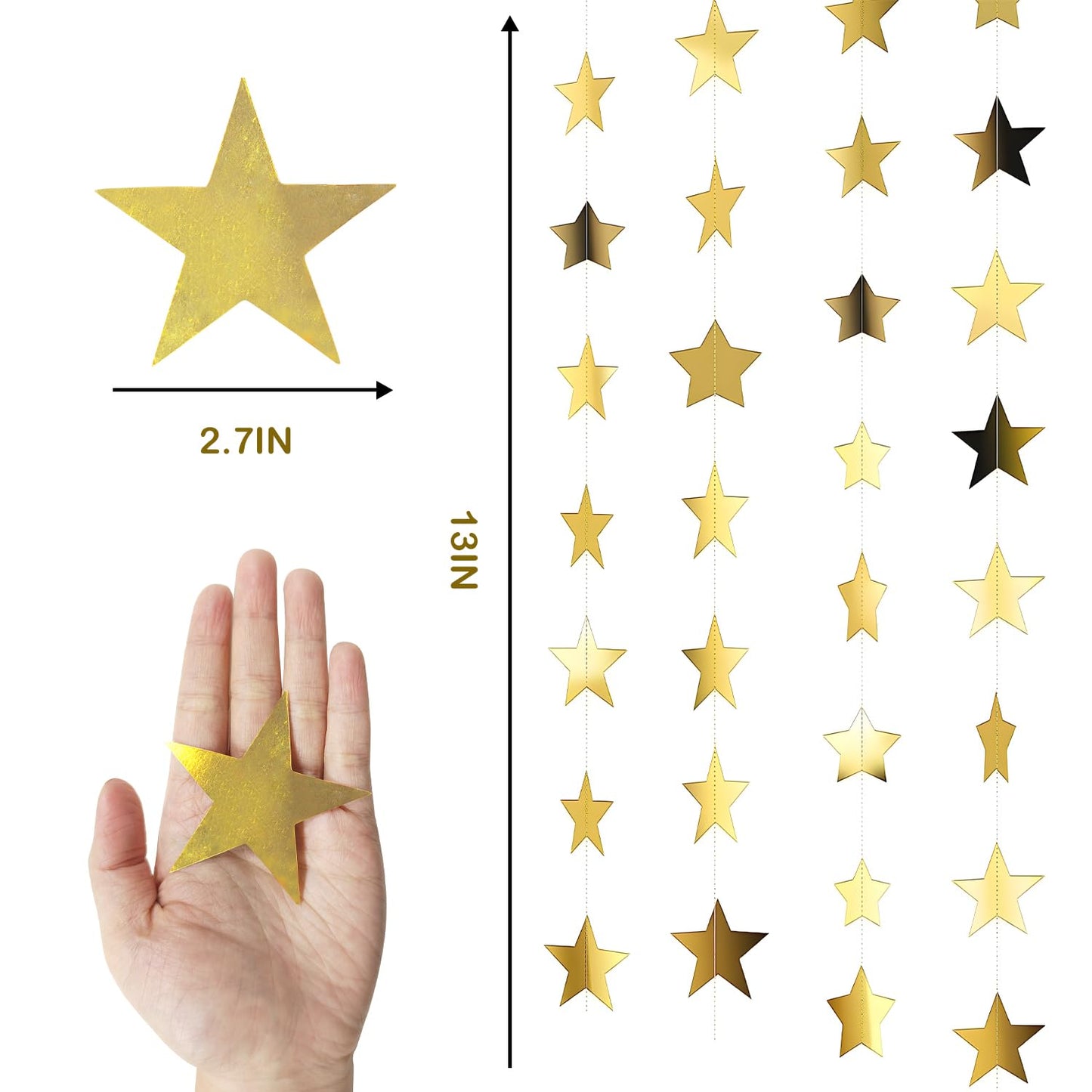 YUQILIN 158 Feet 12 PCS Glitter Gold Star Garland Banner Decoration, Reflective Sparkle Little Star Paper Hanging Decor Double Side Star Streamer Bunting for Party Wedding Christmas Birthday Festival