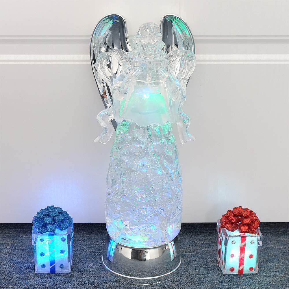 Wondise Color Changing Snow Globe Water Lamp with 6 Hour Timer, 11 Inches LED Lights Battery Operated Swirling Glitter Christmas Home Decor (Angel Reading Figurine)