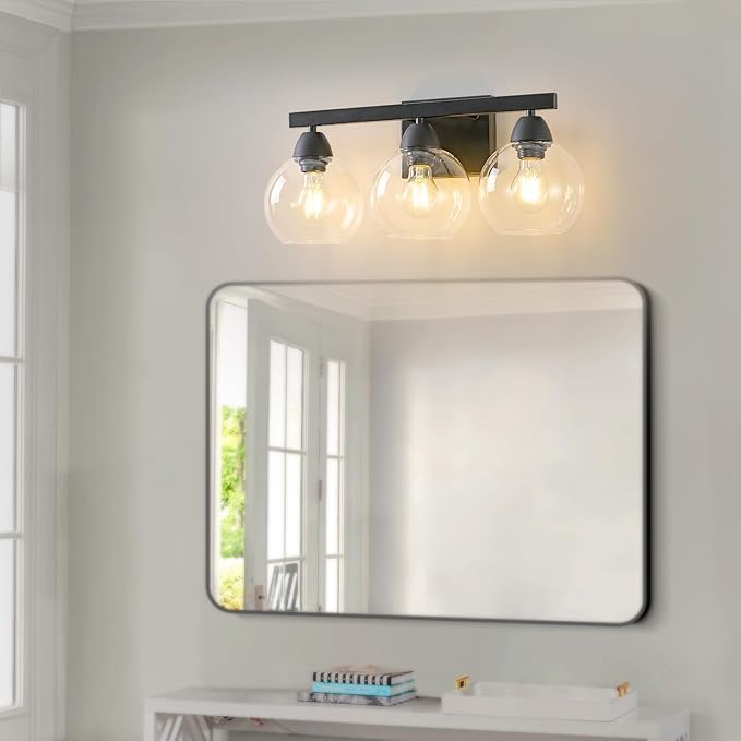 Bathroom Light Fixtures, 3-Light Matte Black Vanity Light with Hand-Blown Thick Glass Shades, Premium Clarity & Shatter-Resistant, Wall Sconces for Mirror, Kitchen, Bedroom