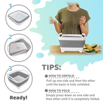 Collapsible Wash Basin for Baby Bottles - 2.4 Gallons Portable Wash Bin for RV Camping Sink, Space-Saving Dish Tub (Gray)