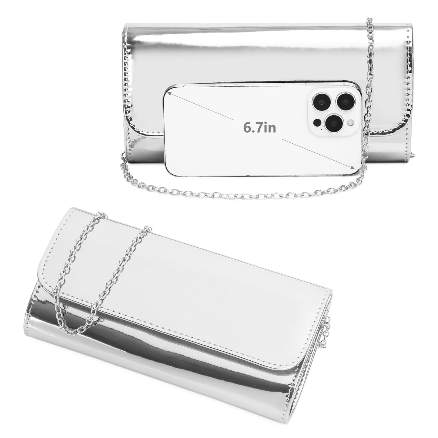 Patent Leather Envelope Clutch for Women Stylish Evening Handbag with Detachable Chain, Perfect for Wedding, Party & Prom (Silver 018)